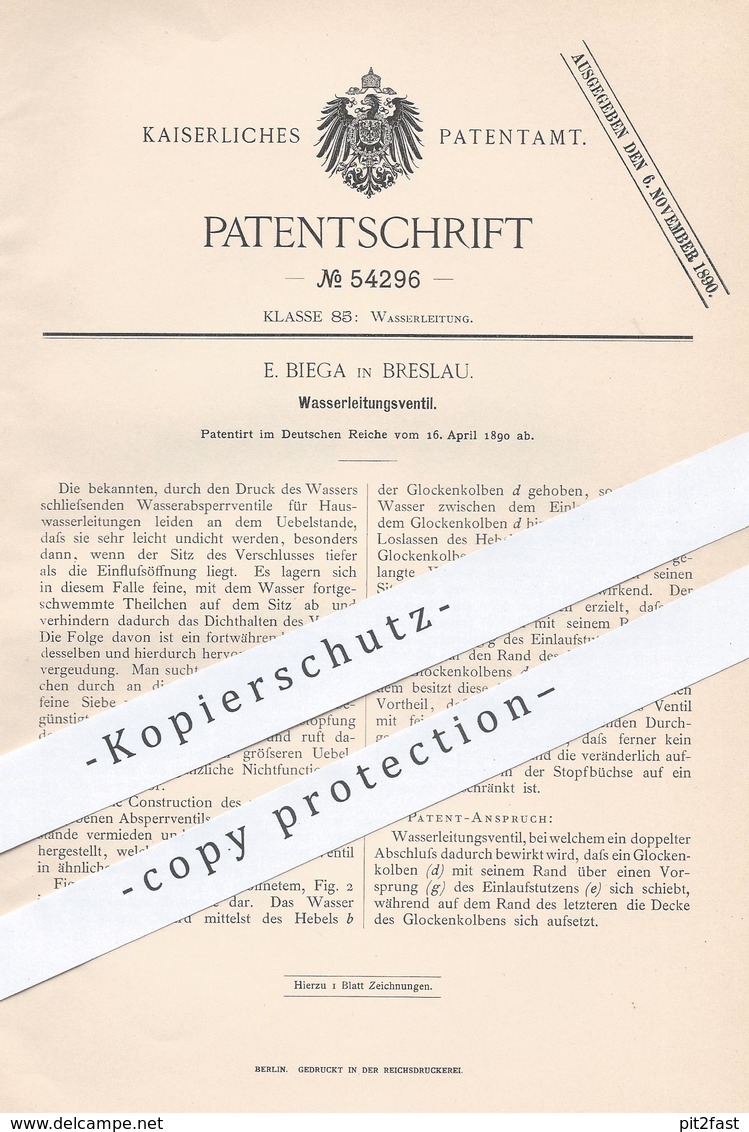 Original Patent - E. Biega , Breslau , 1890 , Wasserleitungsventil | Wasserleitung - Ventil | Wasserhahn , Klempner !!! - Historische Dokumente