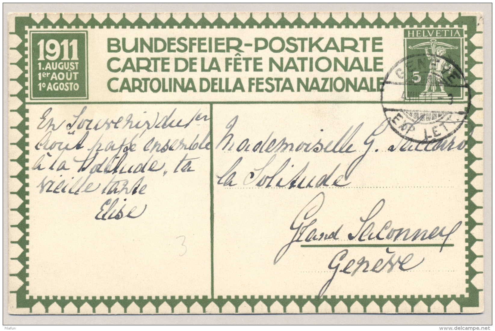 Schweiz - 1911 - 5c Tellknabe - Bundesfeier Postkarte Local Use Geneve - Postwaardestukken