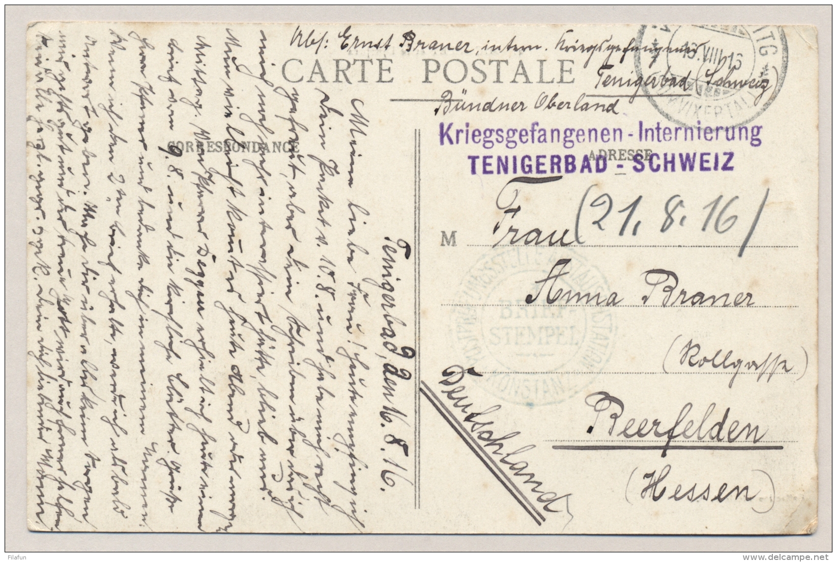 Schweiz - 1916 - Konstanz Censored POW-postcard From TENIGERBAD To Hessen / Deutschland - Documenten