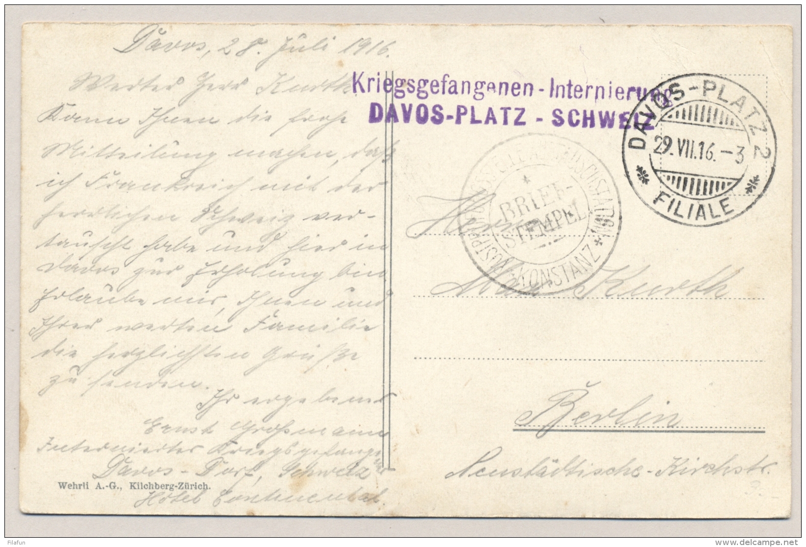 Schweiz - 1916 - Konstanz Censored POW-postcard From DAVOS-PLATZ To Berlin / Deutschland - Documenten