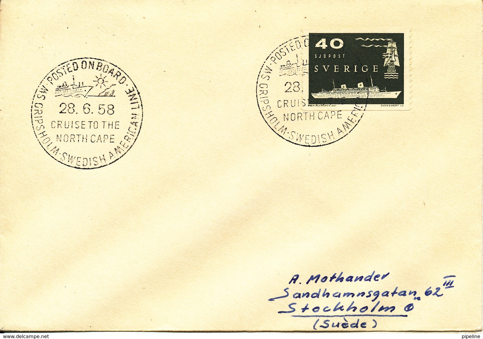 Sweden Ship Cover M/S Gripsholm Swedish American Line Cruise To The North Cape 28-6-1958 Posted On Board - Covers & Documents