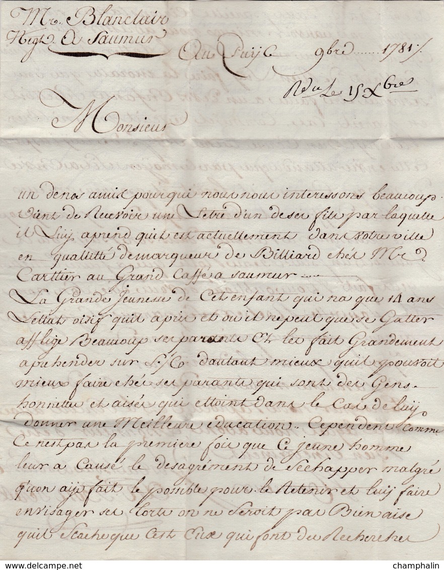 LAC De Le Puy (73) Pour Saumur (49) - 6 Novembre 1781- Taxe Manuelle 17 + ML DU-PUY - 1701-1800: Vorläufer XVIII