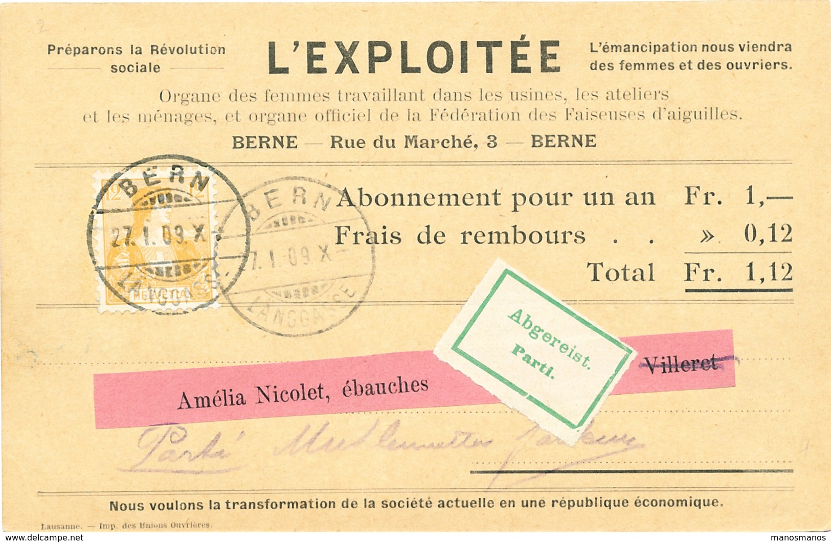 311/26 - ETIQUETTES De RETOUR - Carte D' Abonnement TP Helvetia BERN 1909 Vers VILLERET - Etiq. Suisse Abgereist Parti - Storia Postale