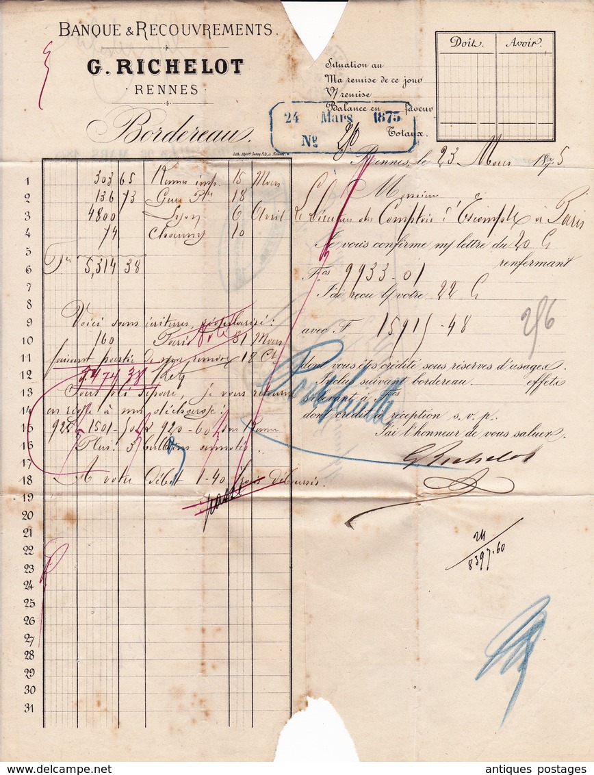 Lettre 1875 Cérès Rennes Ille-et-Vilaine Banques Recouvrements G. Richelot Cachet Brest à Paris