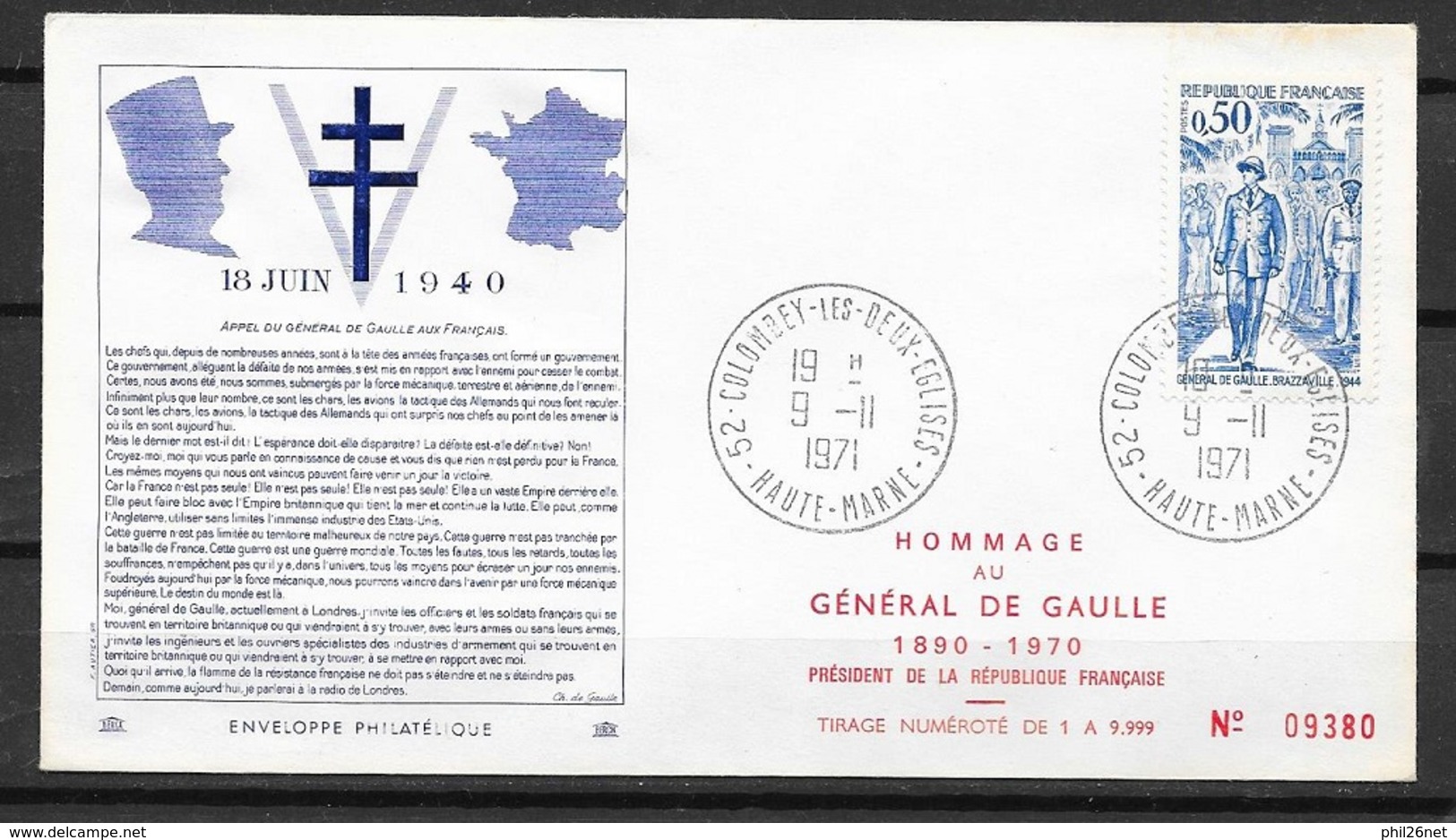 FDC  Lettre Premier Jour Colombey Les Deux Eglises 9/11/1971 N° 1696 Général De Gaulle (1) TB   - 1970-1979