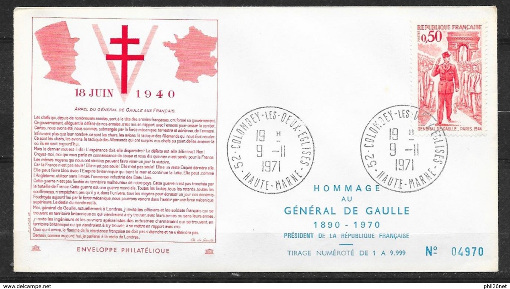 FDC  Lettre Premier Jour Colombey Les Deux Eglises 9/11/1971 N° 1697 Général De Gaulle (1) TB   - 1970-1979