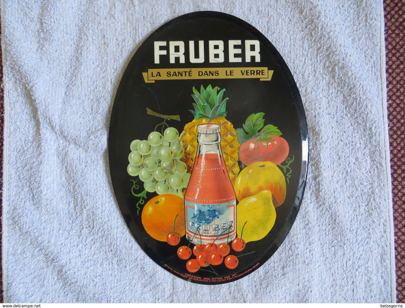 PLAQUE ANCIENNE PUBLICITAIRE FRUBER JUS DE FRUITS, LA SANTE DANS LE VERRE, OVALISE -  ( Type Glaçoide ) RARE VOIR SCANS - Autres & Non Classés