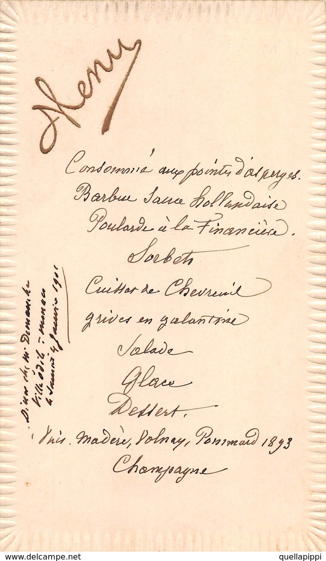 07702 "MENU FRANCESE 1901- SCRITTA IN RILIEVO E ORO - FIRMATO" ORIGINALE - Menu