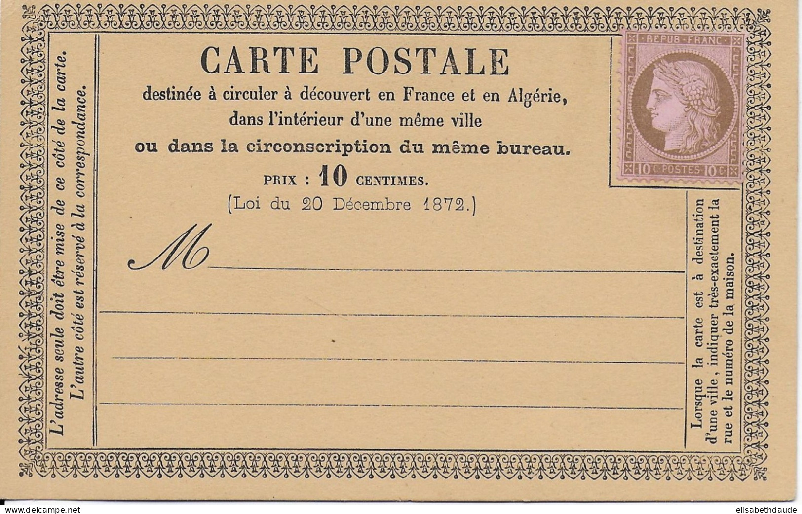 1875 - CERES - YVERT N°54 NEUF SUR CARTE PRECURSEUR ENTIER - - 1871-1875 Cérès