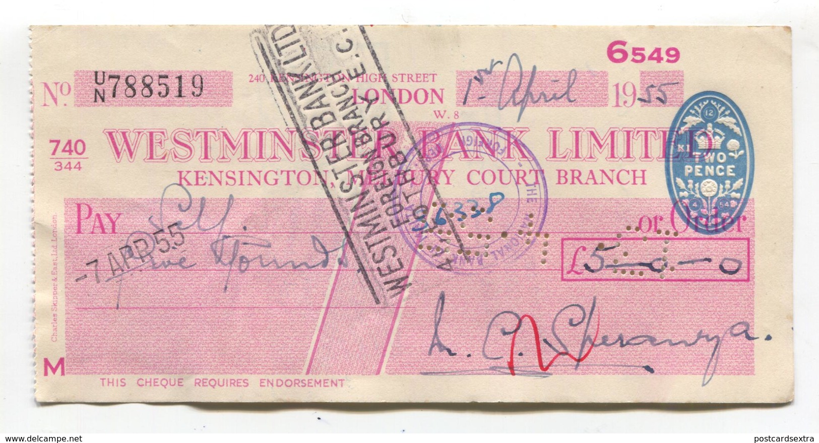 Westminster Bank Cheque, London - Kensington Branch - Used 1955 In Malta - Self-government Revenue Stamp On Reverse - Cheques & Traveler's Cheques