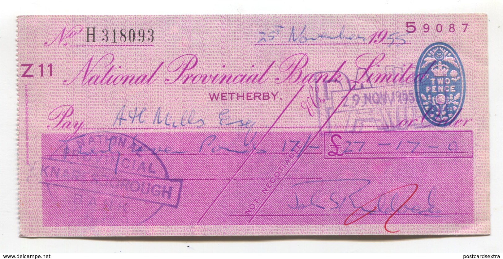 National Provincial Bank Ltd - Cheque Issued In 1955, Wetherby Branch, Yorkshire - Cheques & Traveler's Cheques