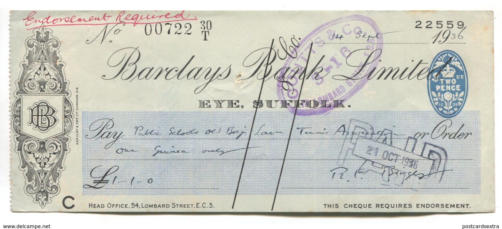 Barclays Bank - Cheque Issued In 1936, Eye Branch, Suffolk - Cleared Via Coutts & Co Bank, London - Cheques & Traveler's Cheques