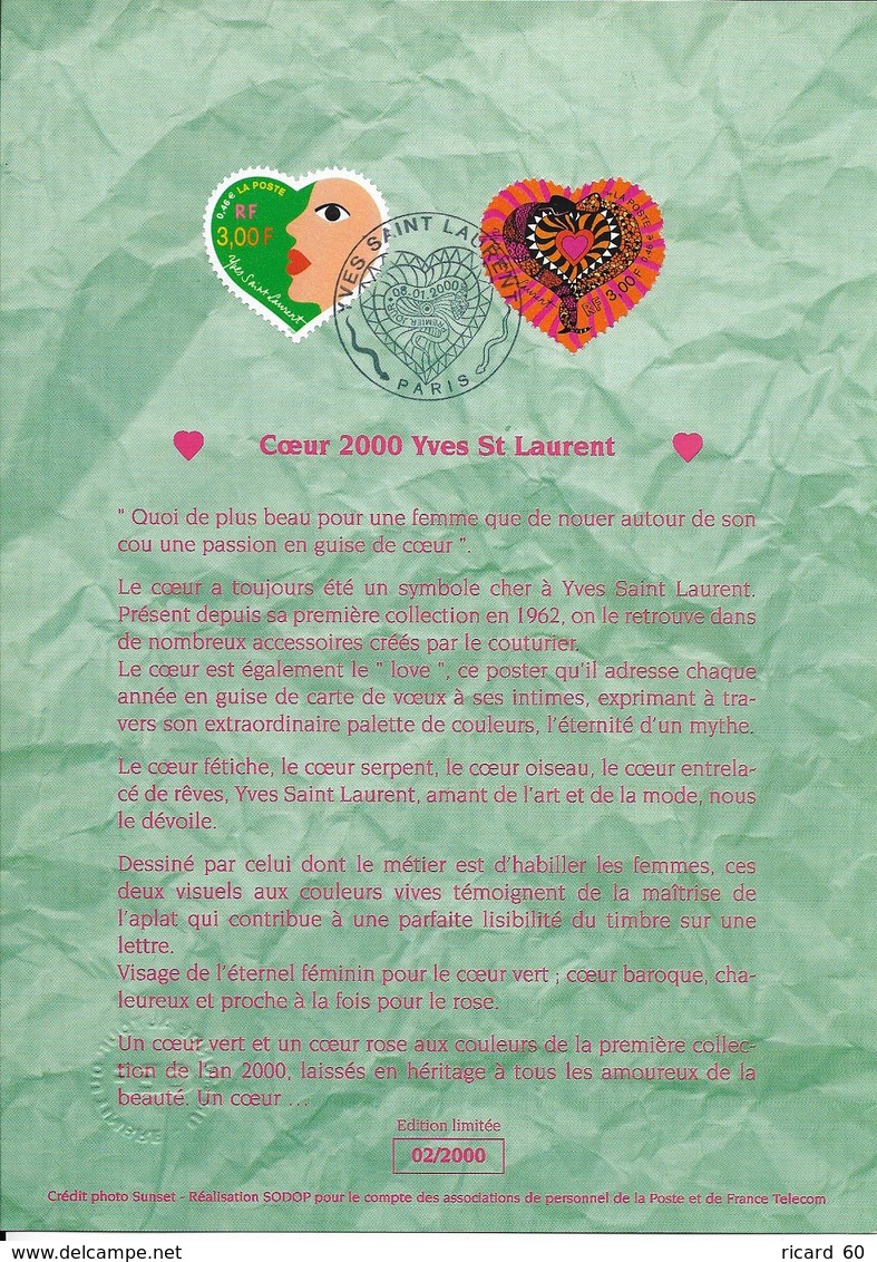 Notice Philatélique 1er Jour FDC 3295-6 Yt, 2000, St Valentin, Coeurs Yves St Laurent - Documents De La Poste