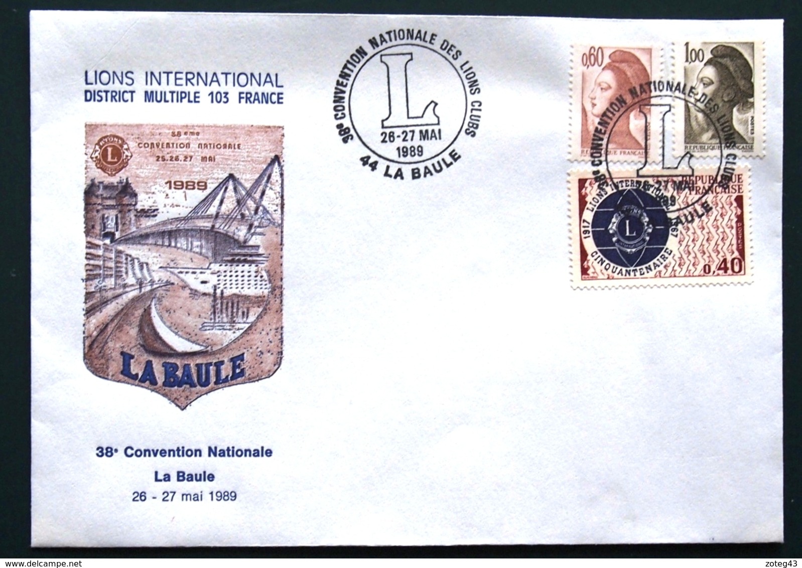 FRANCE 1989 ENVELOPPE COVER UMSCHLAG  LIONS CACHET SPECIAL Convention Nationale LLA BAULE 26 27 MAI 1989 - Rotary, Lions Club