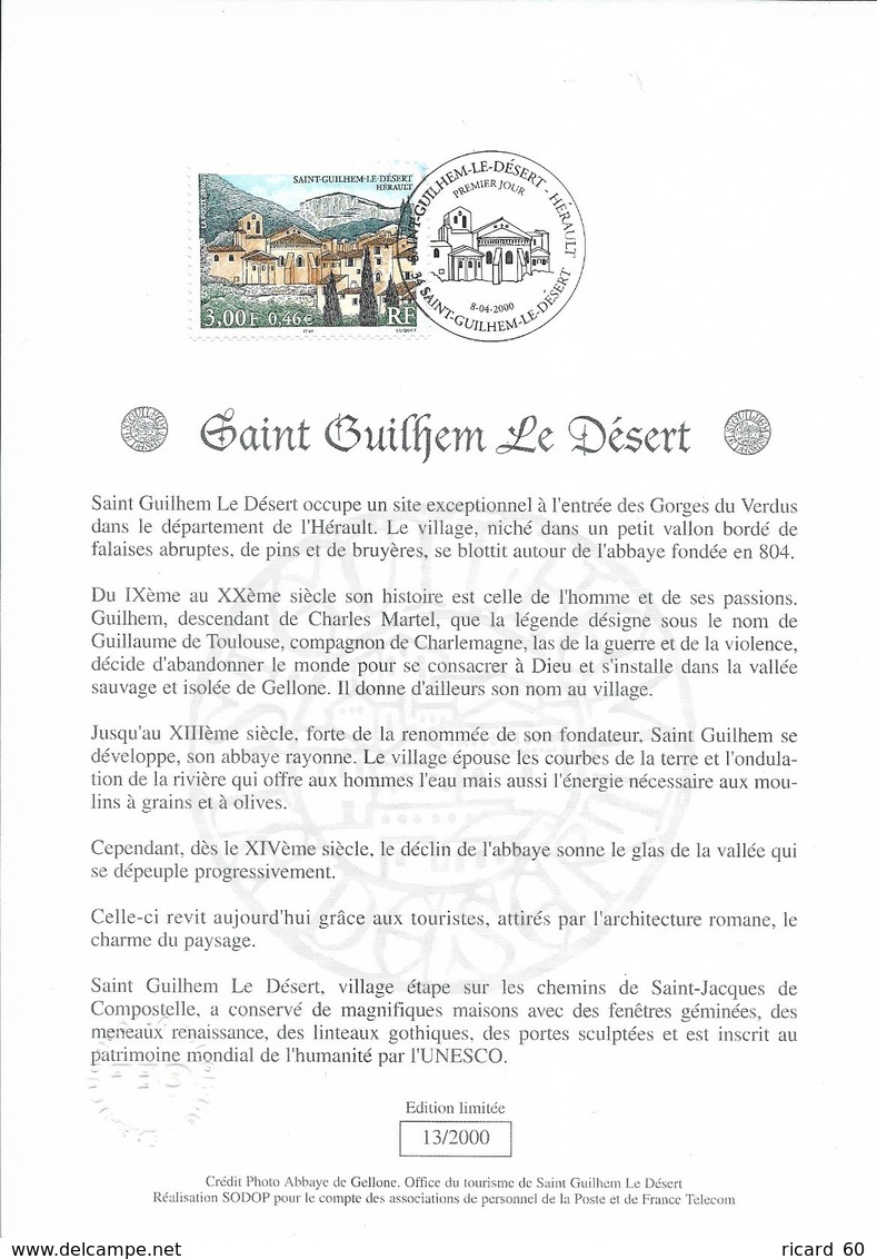 Notice Philatélique 1er Jour FDC 3310 Yt, 2000, Saint Guilhem Le Désert Hérault - Documenti Della Posta