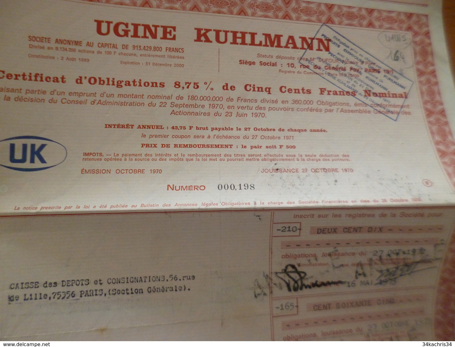 Action Obligation  500 Francs Au Porteur Ugine Kuhlmann - Industrie