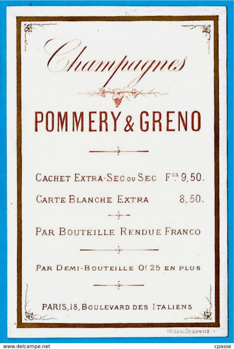 Rare Carte Commerciale TARIF à 75009 Paris Des Champagnes POMMERY & GRENO (51 Reims) * Vin Wine Champagne - 1800 – 1899