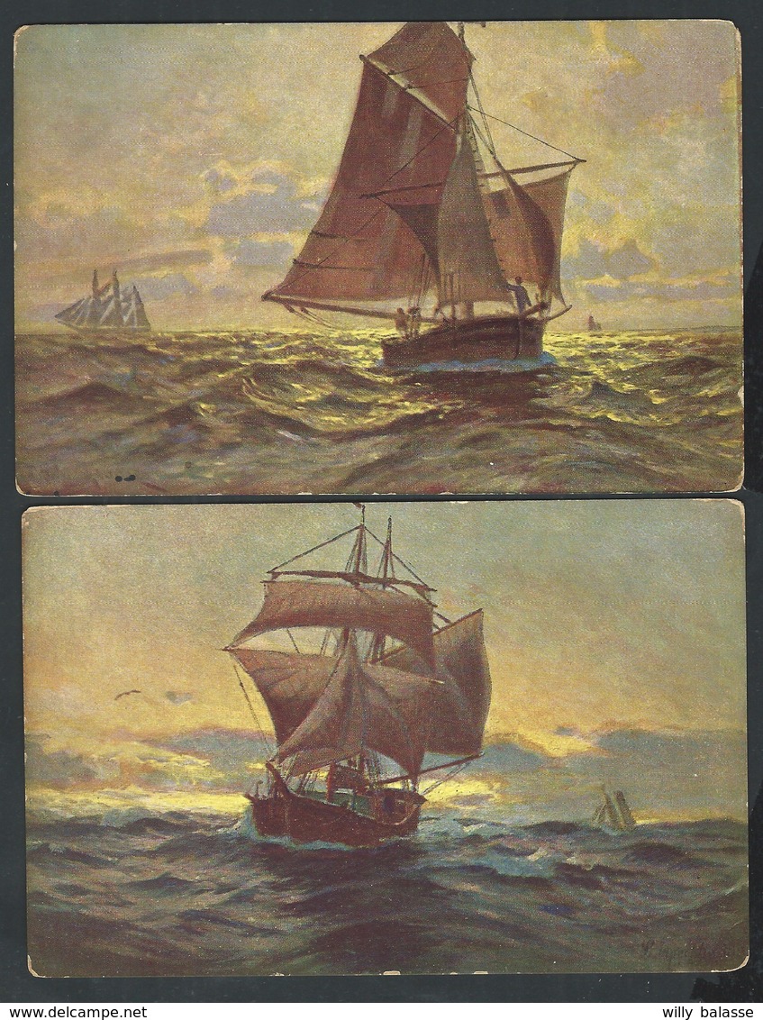 +++ Lot 2 CPA - Carte Fantaisie - Bateau - Illustrateur ?  // - Voiliers