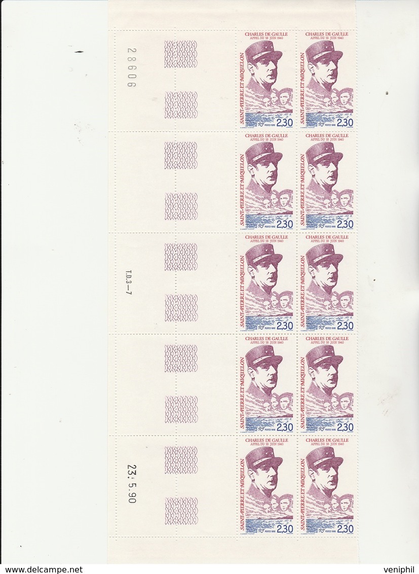 ST PIERRE ET MIQUELON N° 521 - APPEL DU GENERAL DE GAULLE - FRAGMENT DE FEUILLE AVEC COIN DATE -1990 - - Unused Stamps