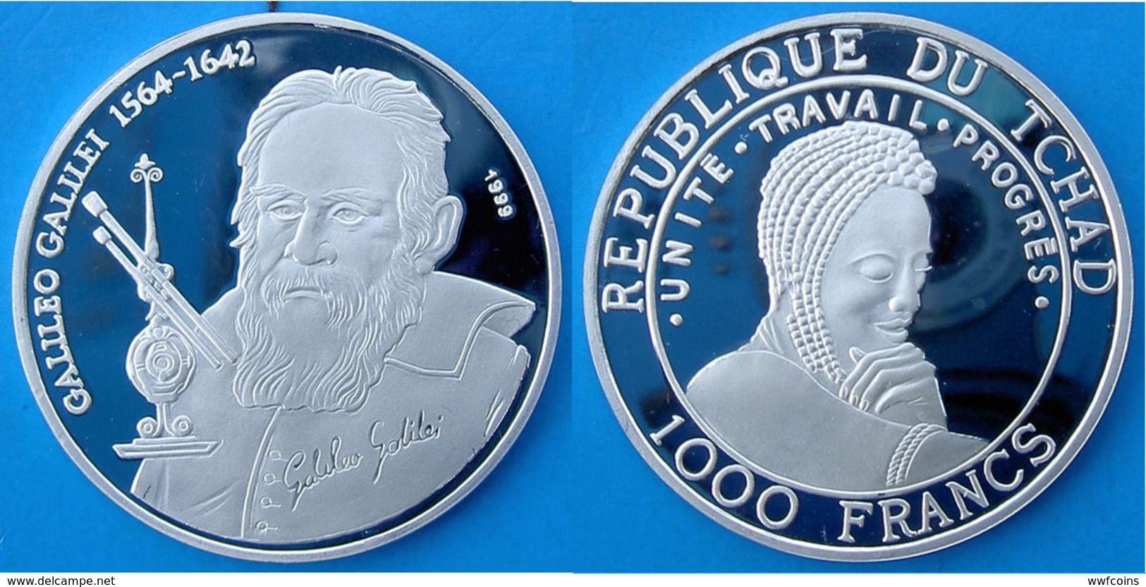 TCHAD 1000 F 1999 ARGENTO PROOF SILVER GALILEO GALILEI 1564-1642 GREAT SCENTIST DISCOVERY RARE PESO 15g TITOLO 0,999 CON - Ciad