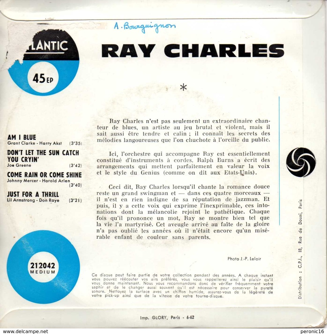 RAY CHARLES , 45 Tours : The Genius Of RAY CHARLES - Atlantic 212 042 M - Blues