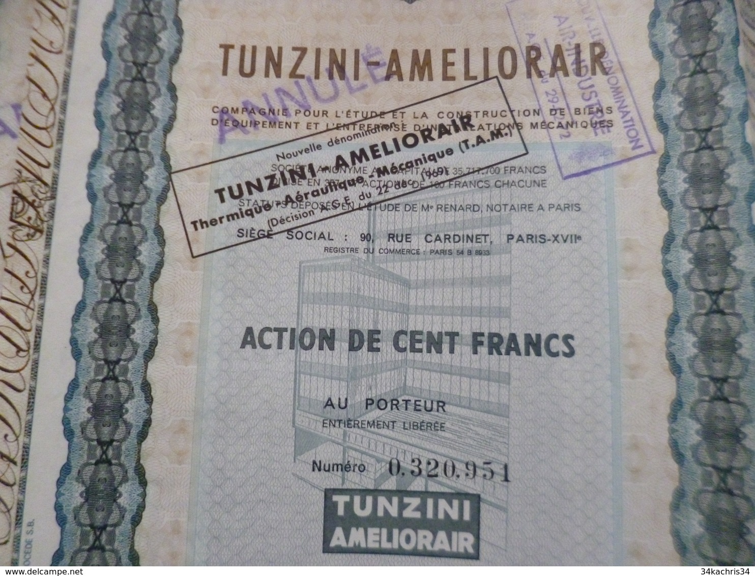 Lot 2 Actions Obligation 100 Francs Tunzini Ameliorair Thermique Aéronautique Mécannique - Industrie