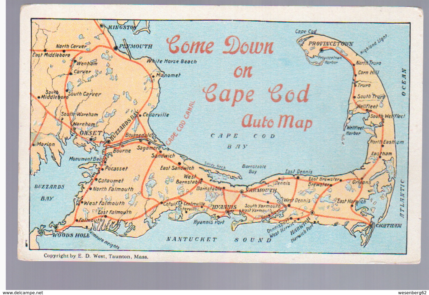 Massachusetts Cape Cod Auto Map Ca 1920, 2 Scans - Cape Cod