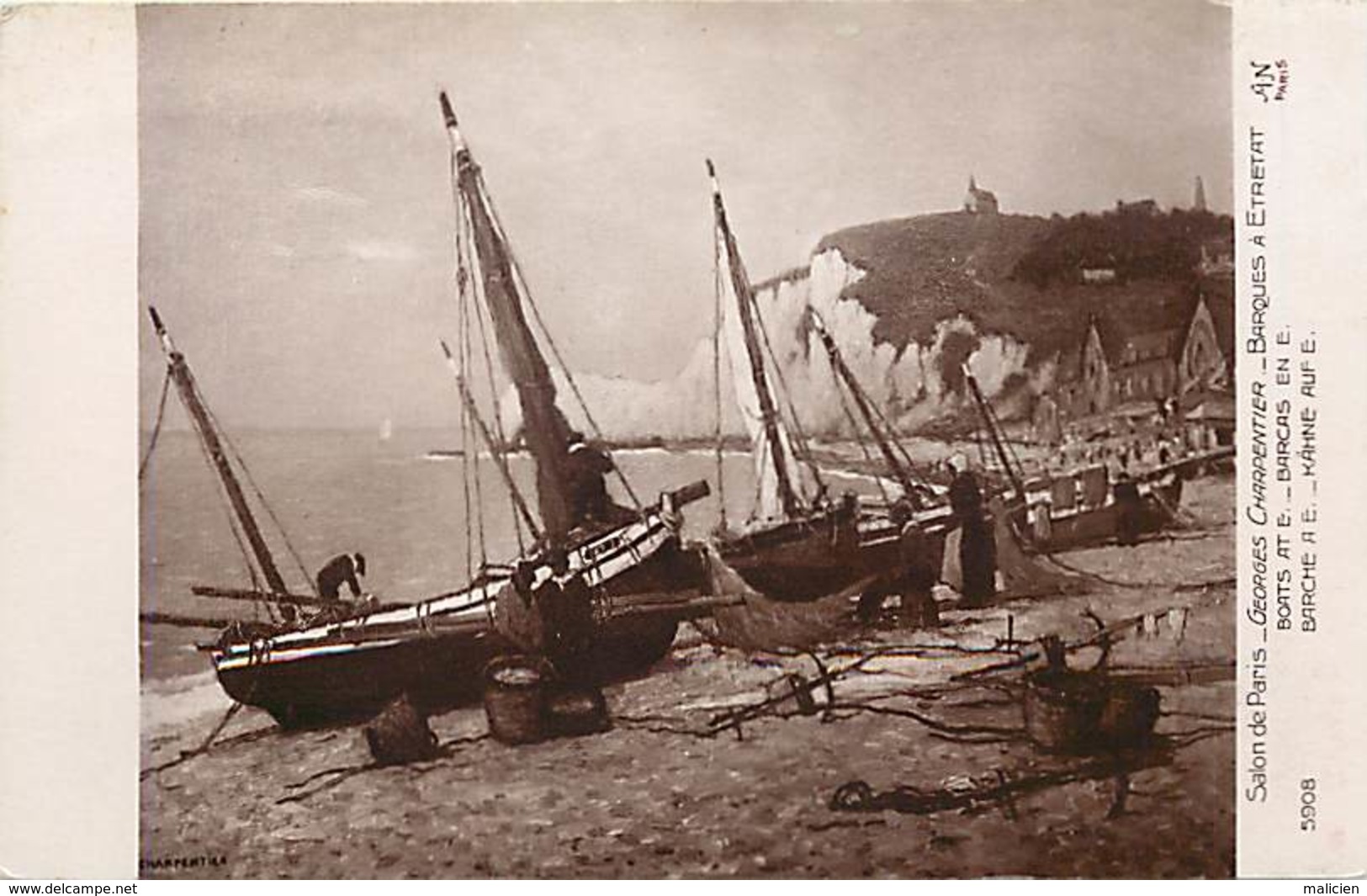 - Thèmes -ref-X13- Arts - Tableaux - Tableau - Peinture - Peintre G. Charpentier - Salon De Paris - Barques A Etretat - - Peintures & Tableaux