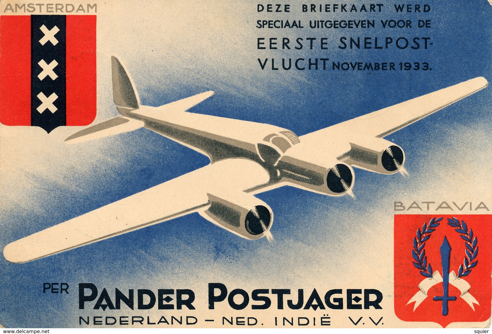 Pander Postjager, Briefkaart Eerste Snelpostvlucht 1933, Bandoeng, Th.Douwes, Pelikaan - 1919-1938: Entre Guerres