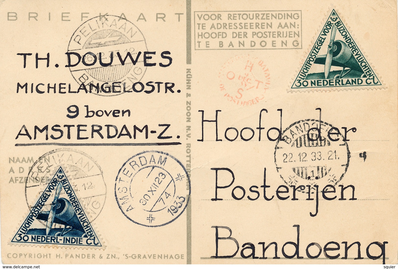 Pander Postjager, Briefkaart Eerste Snelpostvlucht 1933, Bandoeng, Th.Douwes, Pelikaan - 1919-1938: Entre Guerres