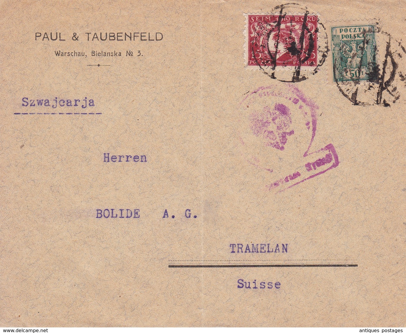 Lettre Varsovie Warszawa Warschau 1913 Pologne Poland Polska Paul & Taubenfeld Tramelan Suisse Schweiz - Covers & Documents