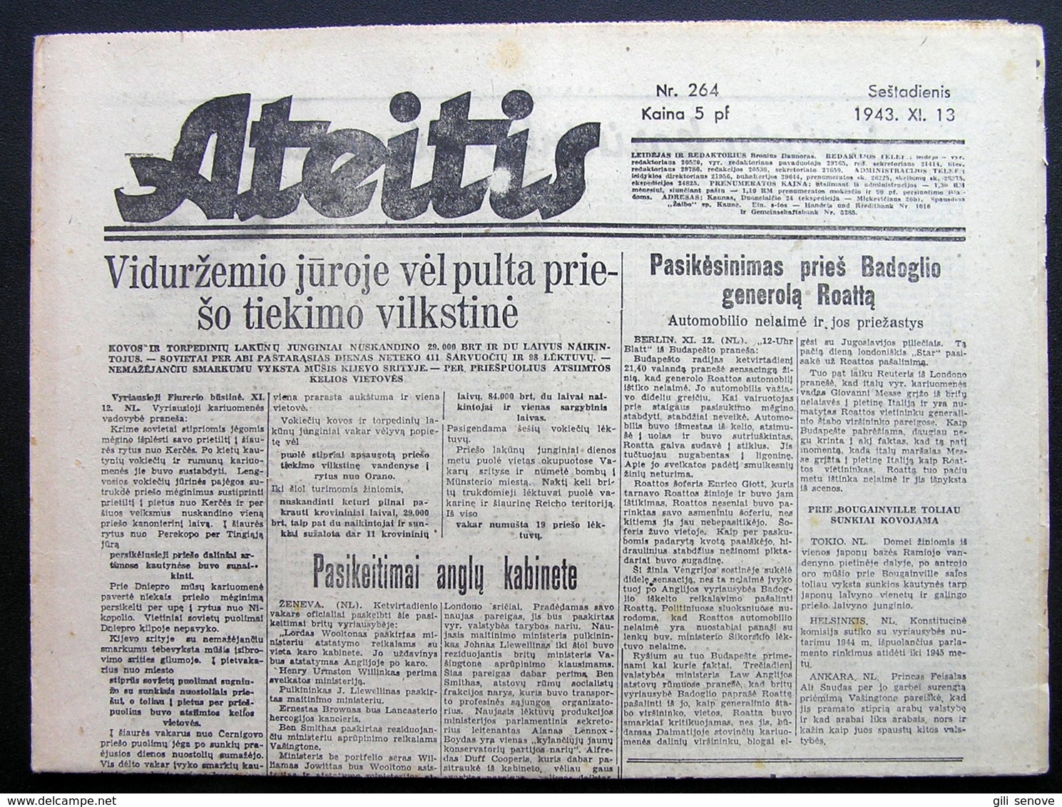 1943.11.13 Lithuania WW II/ Newspaper/ Ateitis No. 264 - Other & Unclassified