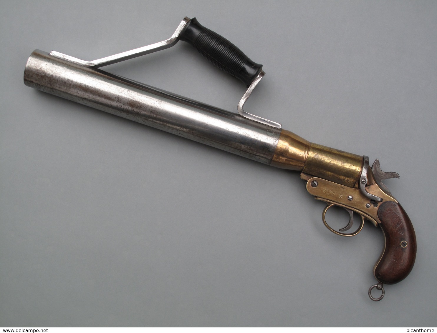 Rare Pistolet Lance-amarres Schermuly De 42 Mm En Acier Nickelé Et Bronze Doré - Armes Neutralisées