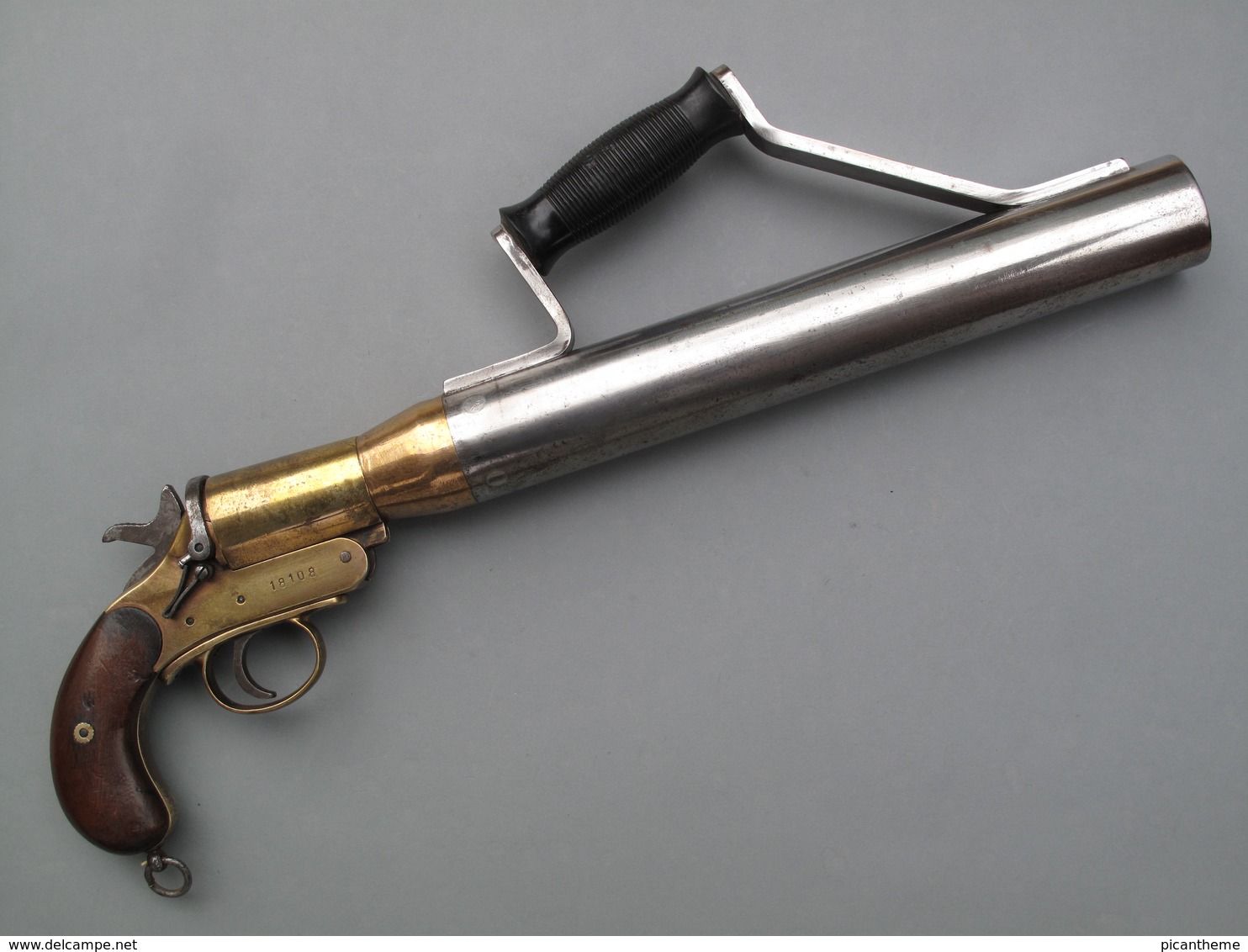 Rare Pistolet Lance-amarres Schermuly De 42 Mm En Acier Nickelé Et Bronze Doré - Decotatieve Wapens