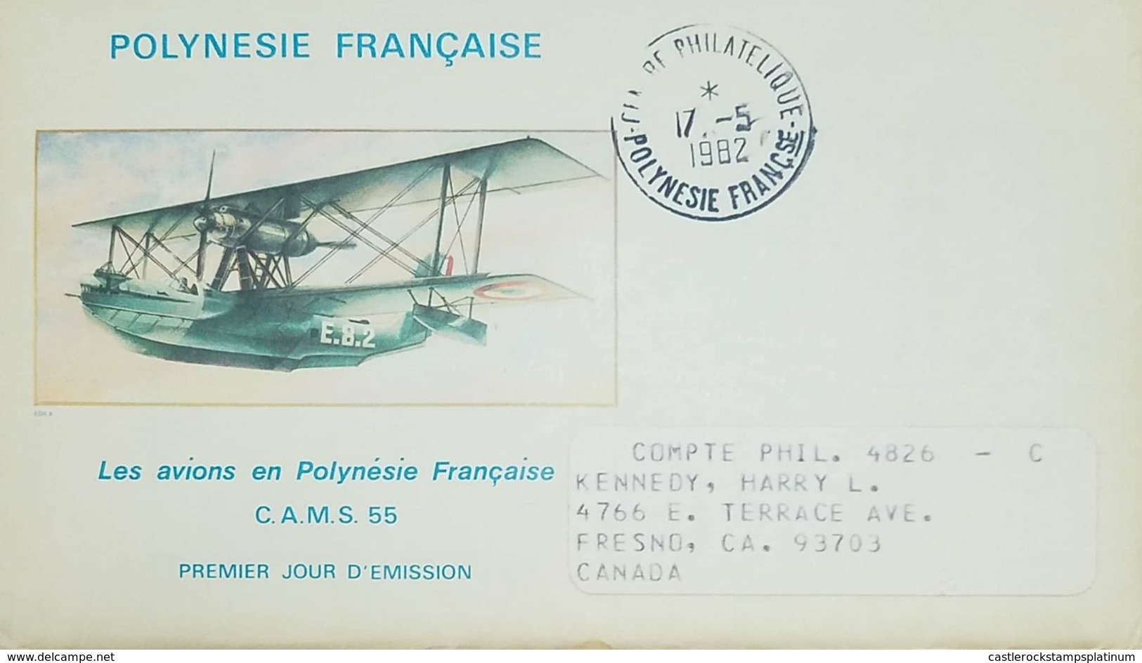 O) 1982 FRENCH POLYNESIA, AIRPLANE E.8.2  - C.A.M.S. 55, FDC USED TO CANADA - Non Classés
