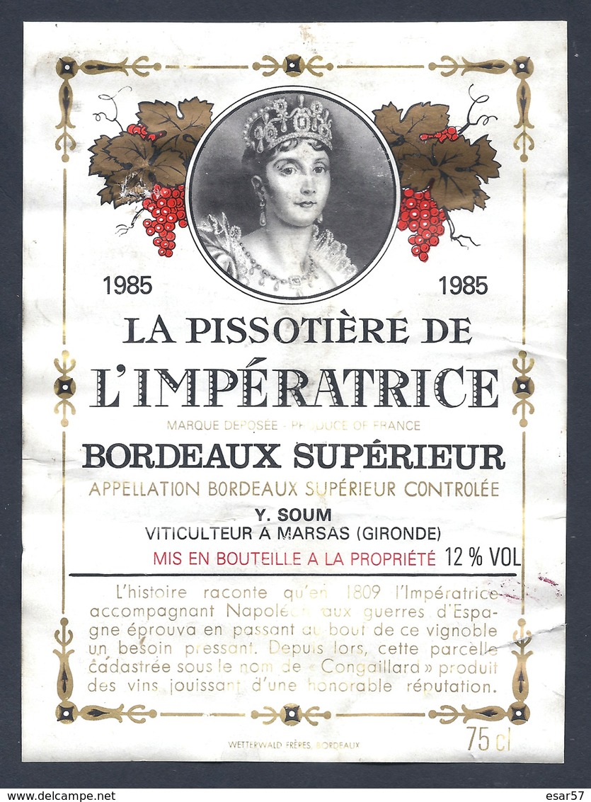 Etiquette La Pissotière De L'Impératrice 1985 - Bordeaux