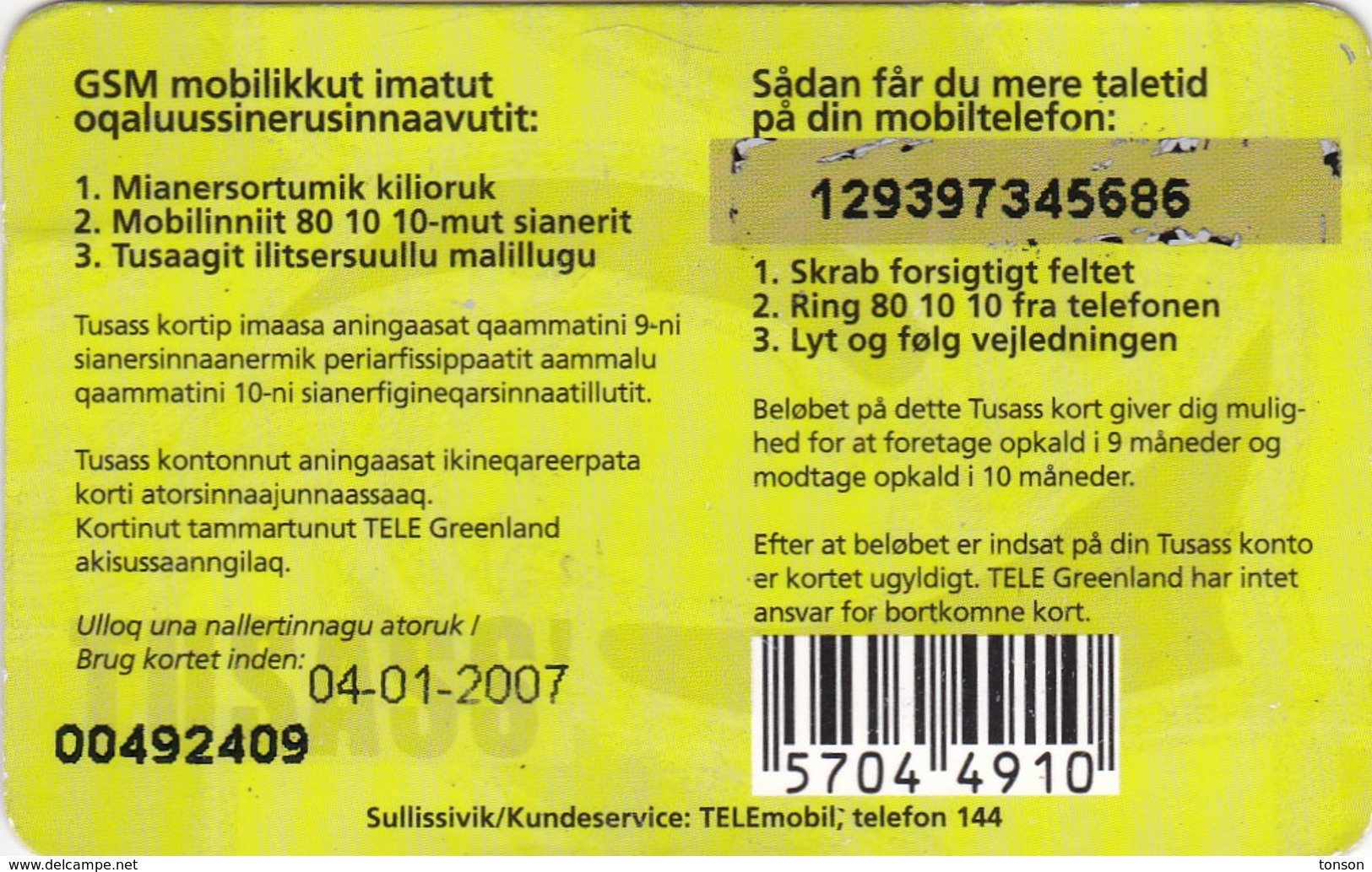 Greenland, PRE-GRL-1004b, 100 Kr, Two Girls With Mobile Phone, Whaletail, 2 Scans   Expiry 04-01-2007.  Please Read - Groenlandia