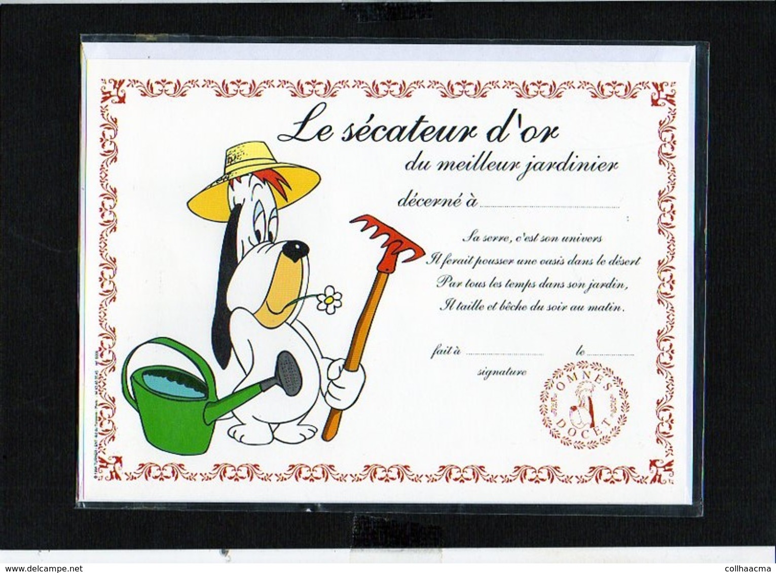 Diplôme Le Sécateur D'or Du Meilleur Jardinier " Droopy " / Illustrateur Tex Avery ( Sous Blister Avec Enveloppe) - Diplômes & Bulletins Scolaires