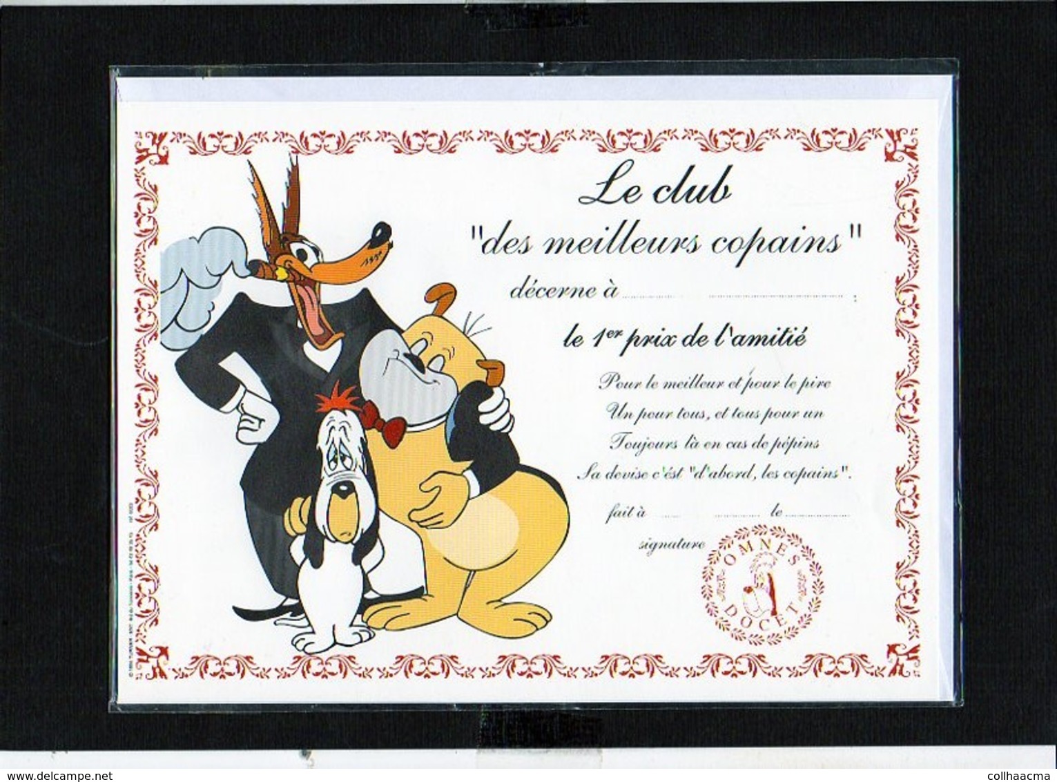 Diplôme Le Club Des Meilleurs Copains " Droopy,chien,loup " / Illustrateur Tex Avery ( Sous Blister Avec Enveloppe) - Diplômes & Bulletins Scolaires