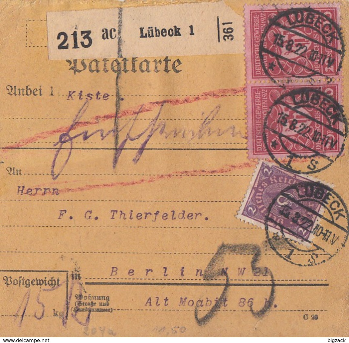 DR Paketkarte Mif Minr.191,2x 204 Lübeck 15.8.22 - Briefe U. Dokumente