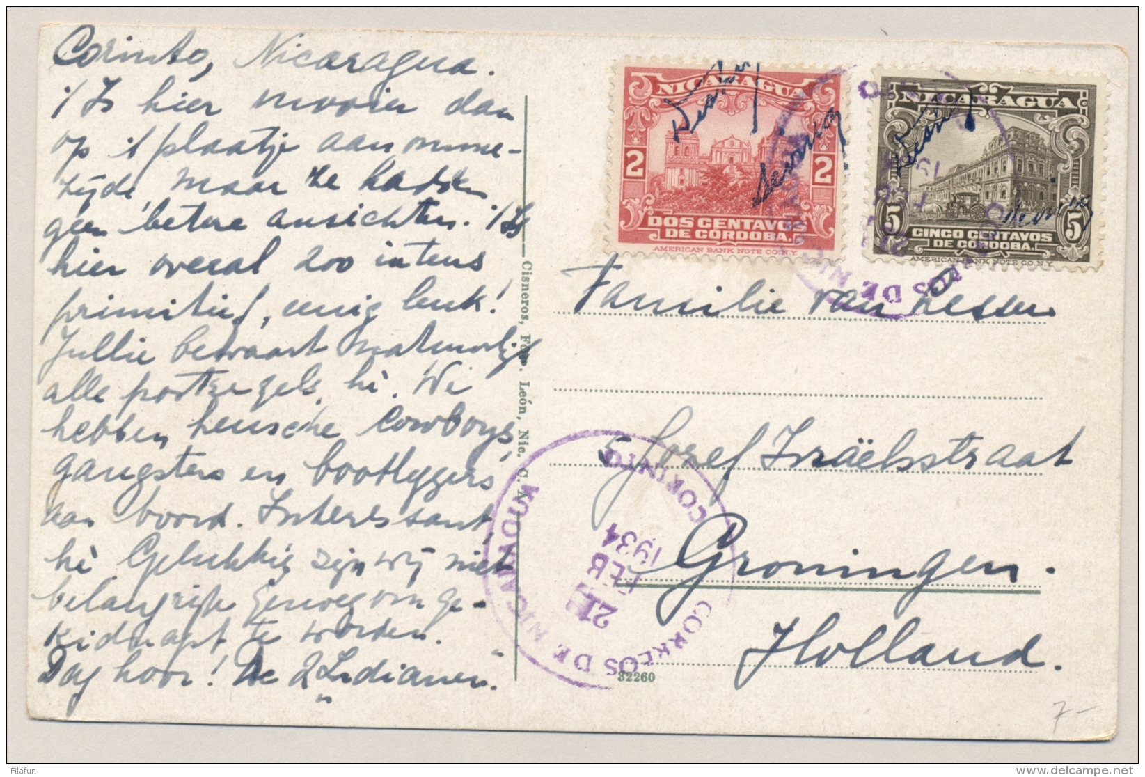 Nicaragua - 1934 - 2 Stamps On Postcard From Corinto To Groningen / Nederland - Nicaragua