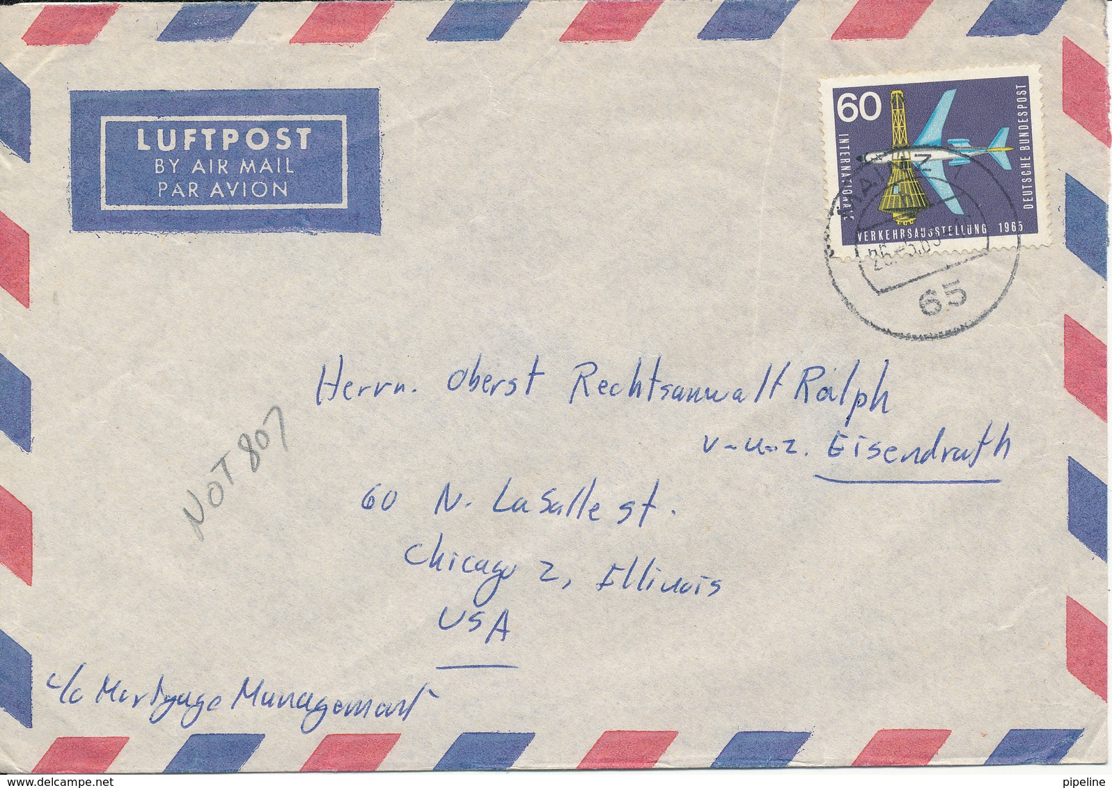Germany Air Mail Cover Sent To USA 26-5-1965 Single Franked - Lettres & Documents