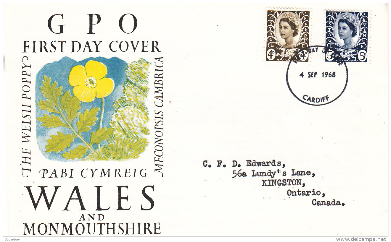 Great Britain FDC 1968 Wales Scott #9, #11 Definitives Posted To Canada - 1952-1971 Em. Prédécimales