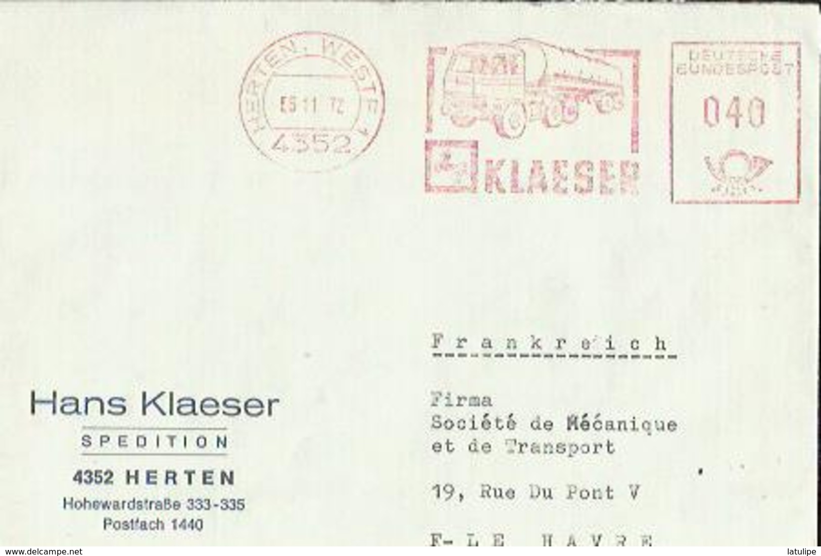 1  Enveloppe De  HANS KLAESER  Spedition A HERTEN 4352  Adressé A  FIRMA  Sté Mecanique Et Transport.en  1972 - Trasporti