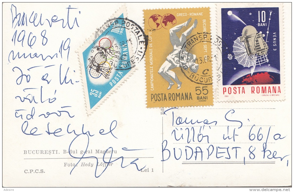 RUMÄNIEN 1968 - 3 Sondermarken Auf Ak "BUCARESTI - Strassenansicht" Gel.v.Bucaresti &gt; Budapest - Covers & Documents
