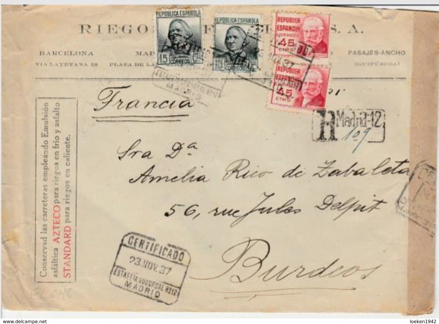 España 1937 Carta Certificada MADRID ESTAFETA SUCURSAL N° 12 Hasta Burdeos     EL646 - Cartas & Documentos