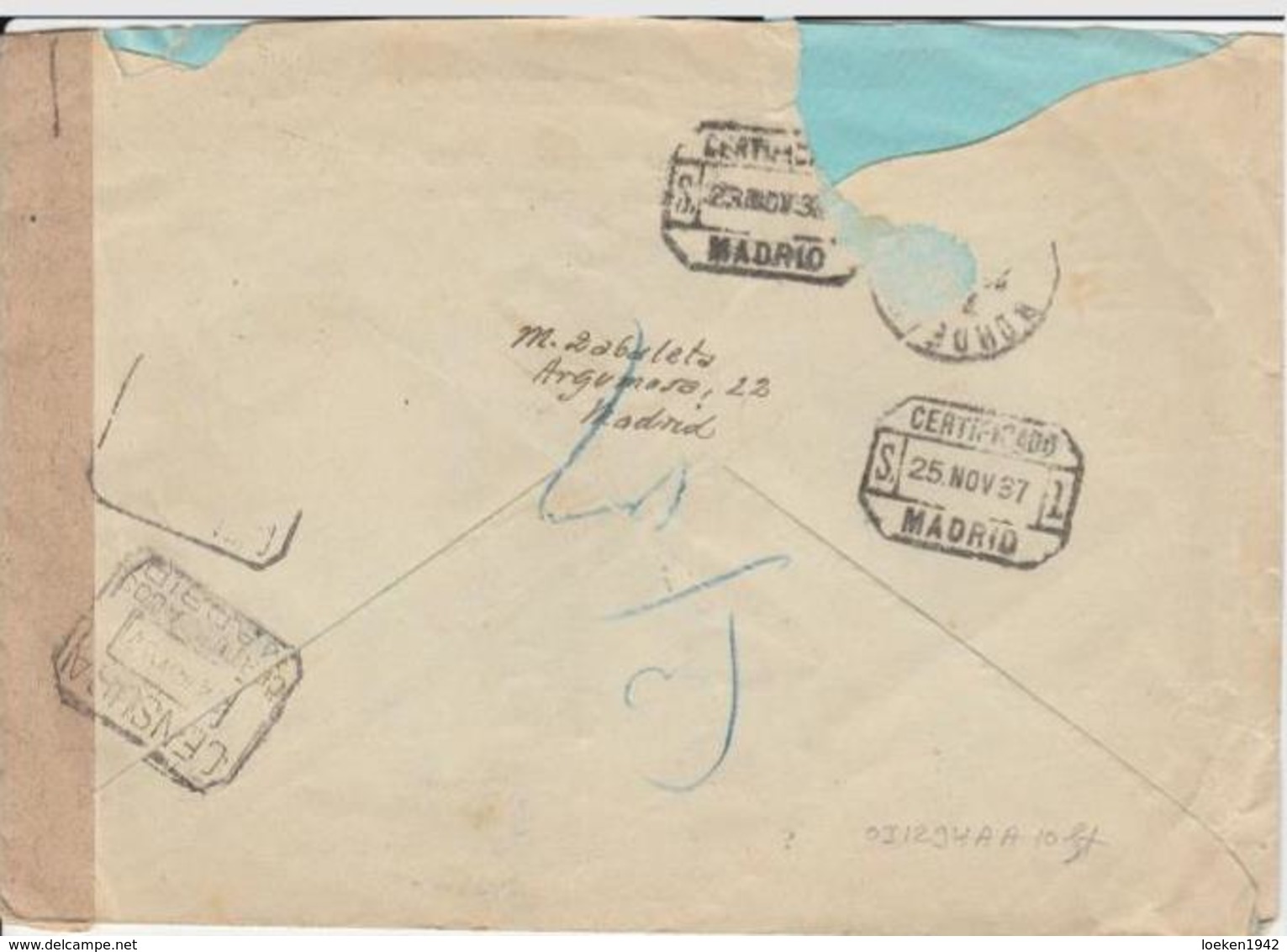 España 1937 Carta Certificada MADRID ESTAFETA SUCURSAL N° 12 Hasta Burdeos     EL646 - Cartas & Documentos