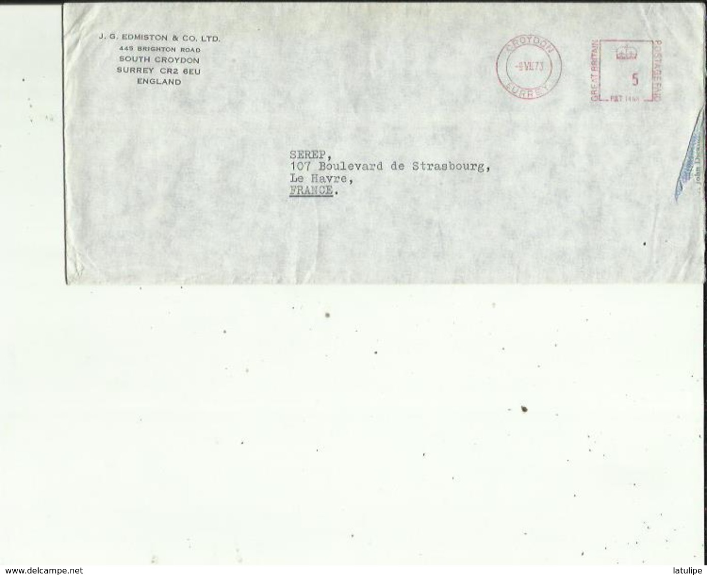 1  Enveloppe De  J G  EDMISTON&CO LTD A SOUTH CROYDON_SURREY   Adressé A  SEREP Au HAVRE 76 - Royaume-Uni