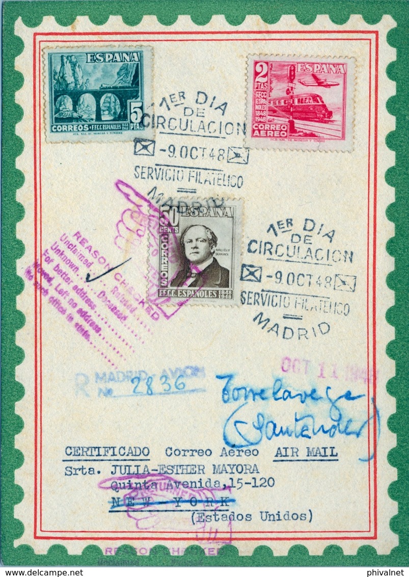 1948 , ED. 1037 / 1039 , CENTENARIO DEL FERROCARRIL , MAT. PRIMER DIA , CERTIFICADO A NUEVA YORK , DEVUELTO AL REMITENTE - Cartas & Documentos