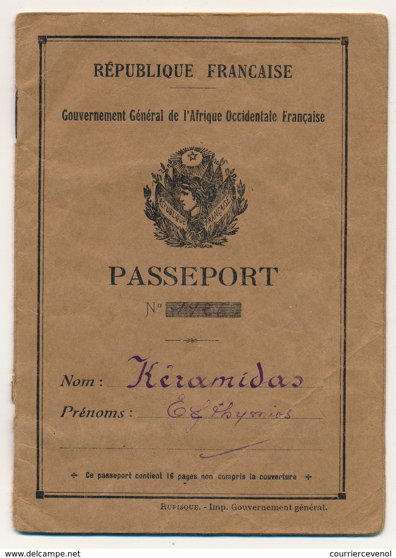 FRANCE / AOF / GRECE - Passeport Gouvernement Général AOF - Fiscaux Divers France Et Grèce, Dont Affaires étrangères - Autres & Non Classés